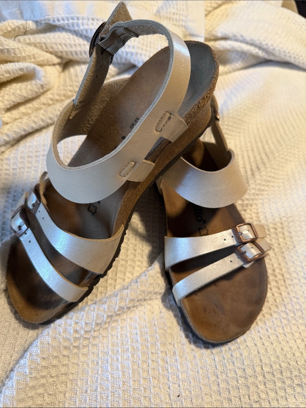 Papillio Metallic Cream Double Buckle Ankle Sandals
